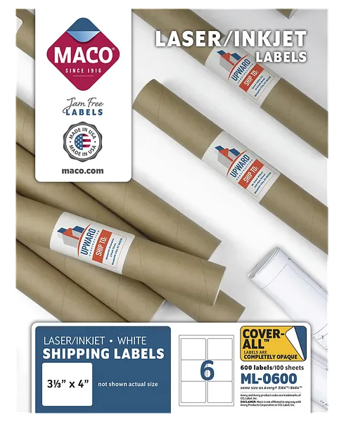 Laminas de Etiqueta 3-1/3″ x 4″ para Impresión Laser / Inkjet, 600 Labels - MACO ML-0600