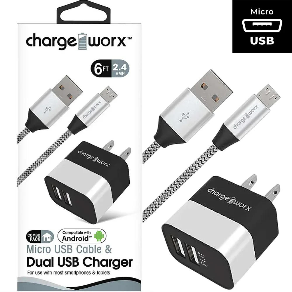 Cargador Dual USB de Pared + Cable Micro USB 2.4 Amp Chargeworx para Smartphones y Tablets, 6 pies