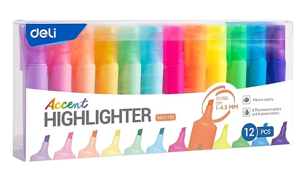 Set de Resaltadores Deli Accent Pastel y Neón, 12 Colores