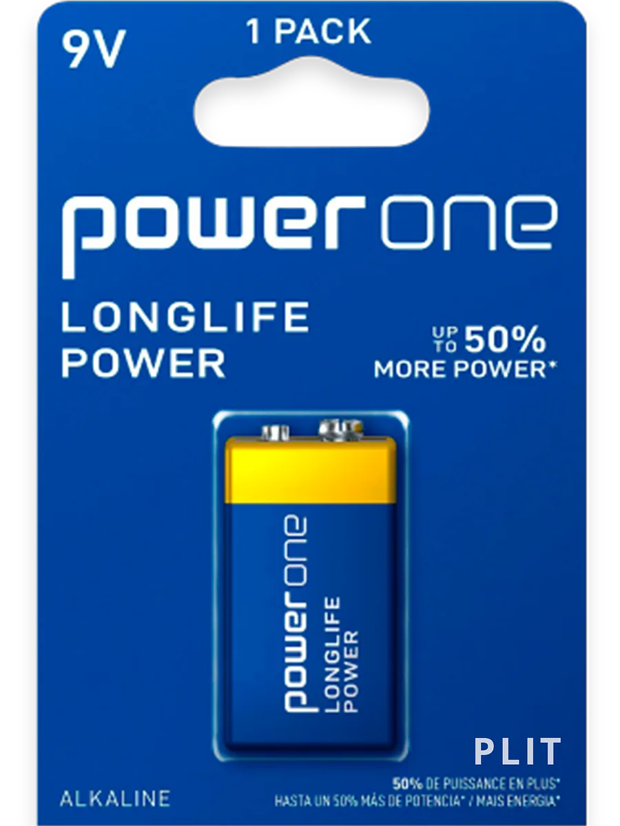 Pila Cuadrada de 9V, Batería Alcalina Power One Longlife Power P-9V/1