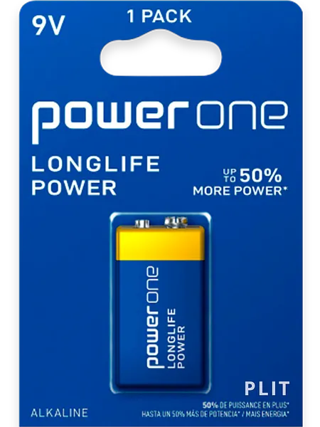 Pila Cuadrada de 9V, Batería Alcalina Power One Longlife Power P-9V/1