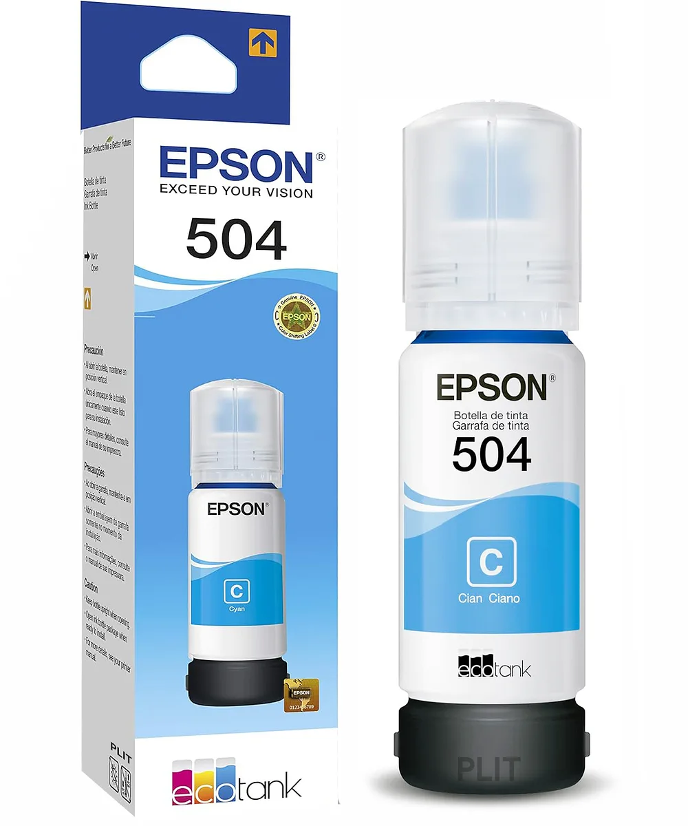 Original: Botella de Tinta Epson 504 Cyan (Azul) para Impresoras EcoTank L4250, L4260, L6270