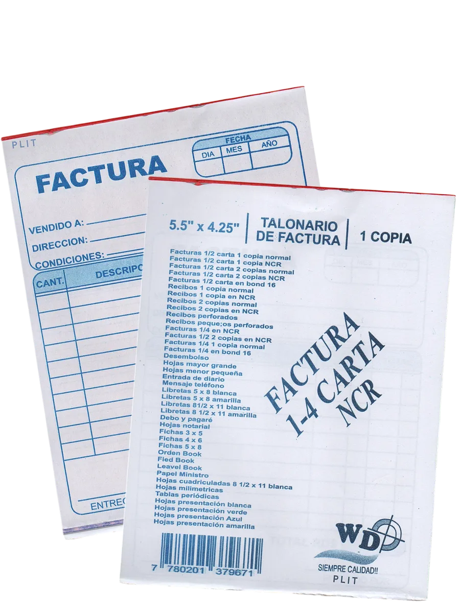 Talonario de Factura Pequeño 4.25” x 5.5”, CON 1 COPIA NCR