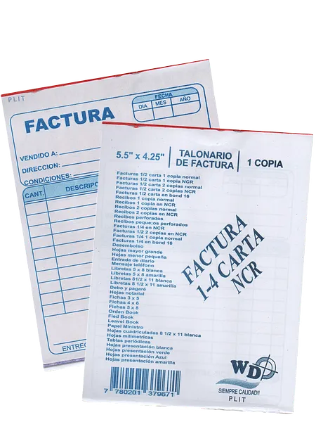 Talonario de Factura Pequeño 4.25” x 5.5”, CON 1 COPIA NCR