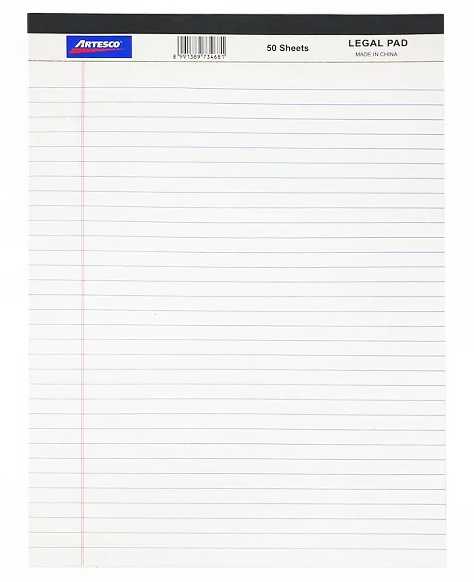 Libreta Rayada 8 ½” x 11” Blanca, 50 Hojas - Artesco Legal Pad