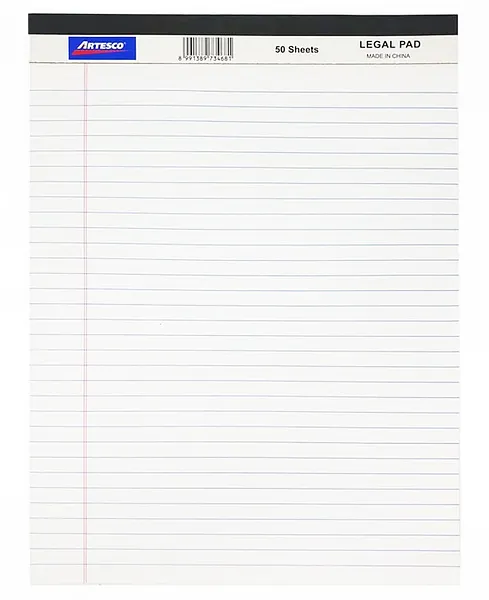 Libreta Rayada 8 ½” x 11” Blanca, 50 Hojas - Artesco Legal Pad