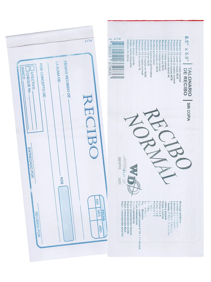 Talonario de Recibo Grande 8.3" x  3.3", SIN COPIA