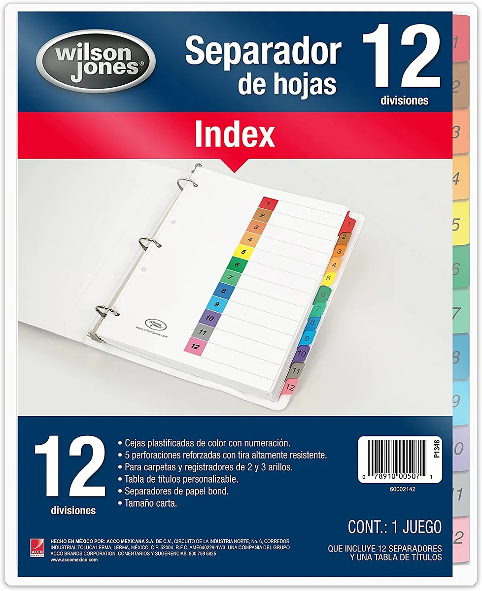 Separador para Carpeta Numérico, 12 Divisiones - Wilson Jones P1348
