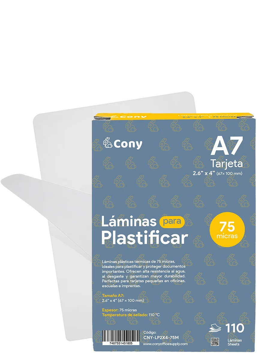 Láminas Plásticas Cony A7, 2.5” x 4” de 75 Micras para Plastificar Carnets, 110 pcs