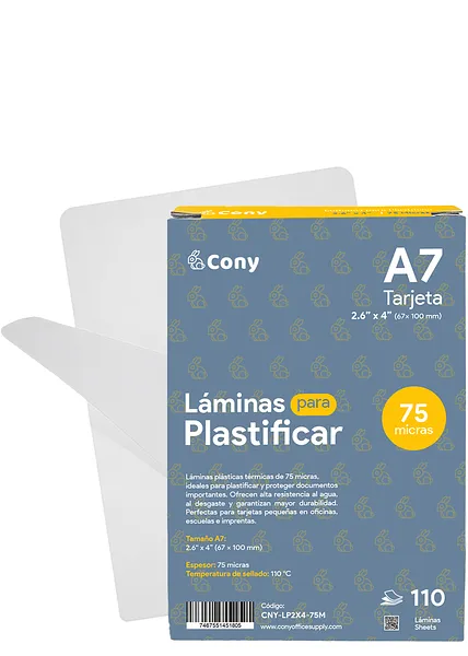 Láminas Plásticas Cony A7, 2.5” x 4” de 75 Micras para Plastificar Carnets, 110 pcs