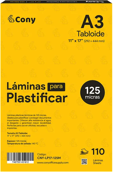 Láminas Plásticas para Plastificar Cony A3 Tabloide 11” x 17”, 125 Micras, 110 pcs