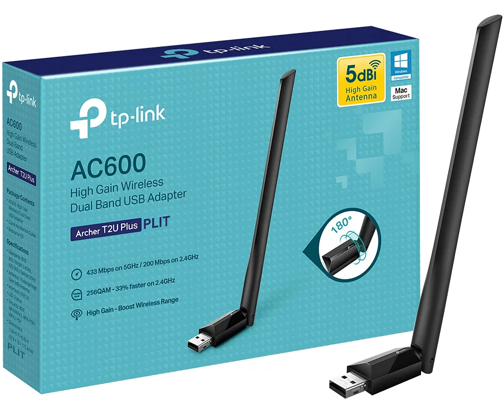 Adaptador USB Inalámbrico 5dBi TP-Link Archer T2U Plus AC600 Dual Band de Alta Ganancia