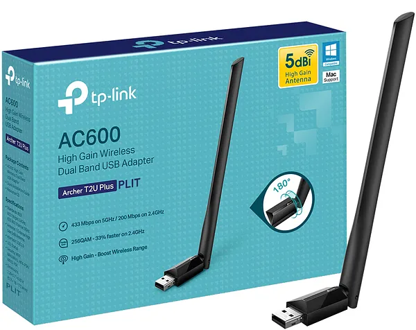 Adaptador USB Inalámbrico 5dBi TP-Link Archer T2U Plus AC600 Dual Band de Alta Ganancia