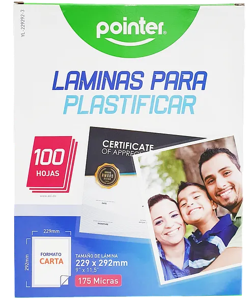 Láminas Plásticas para Plastificar 175 Micras, 9" x 11.5" 100 Hojas - Pointer YL-229292-3