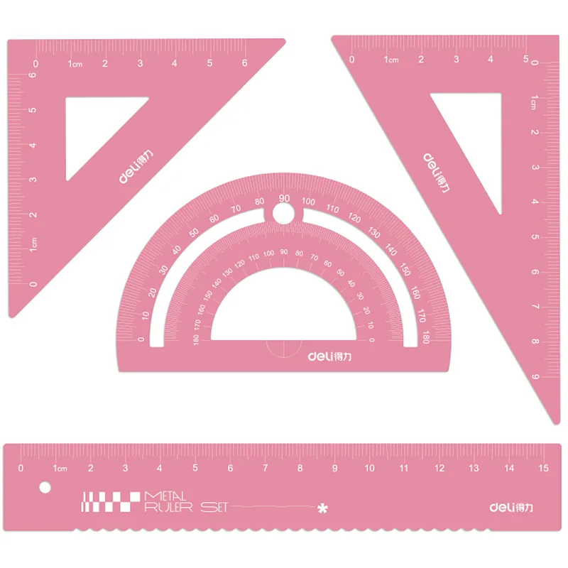 Juego de Reglas Geométricas Metálicas Rosadas, 4 pcs - Deli VC115 