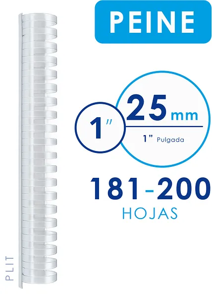 Espiral Plástico Tipo Peine Transparente 25 mm (1") para 200 Hojas , 50 pcs