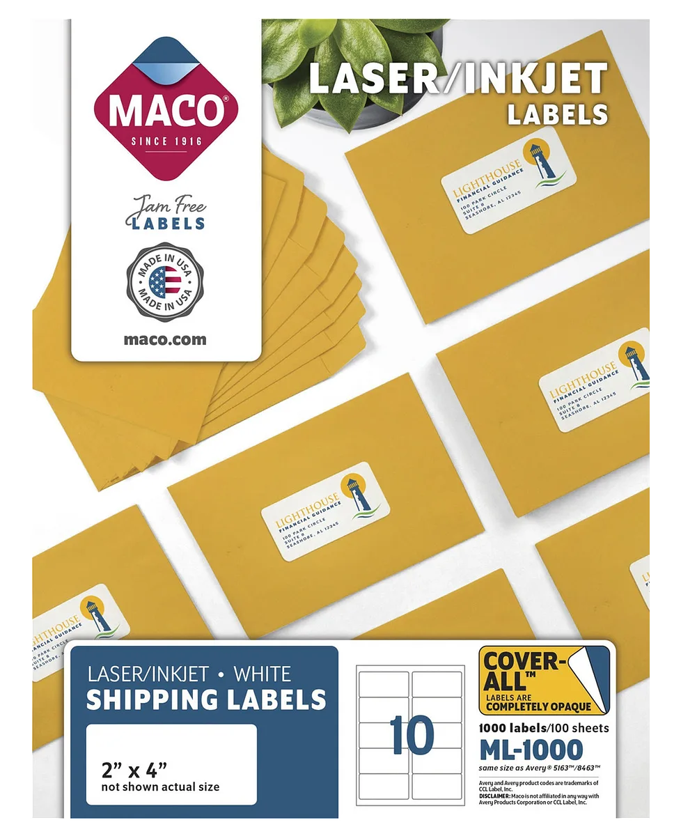 Laminas de Etiqueta 2″ x 4″ para Impresión Laser / Inkjet, 1,000 Labels - MACO ML-1000