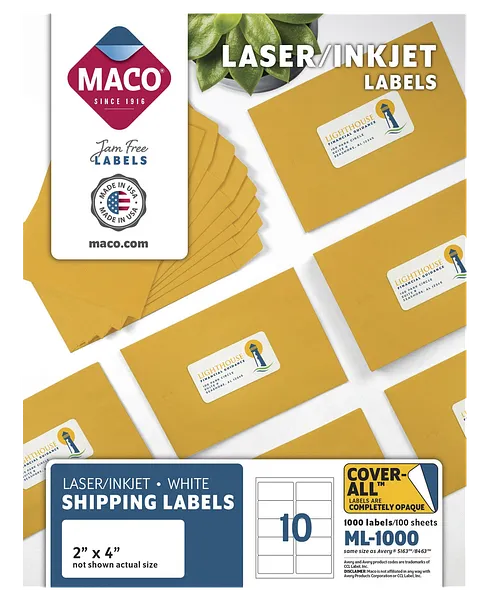 Laminas de Etiqueta 2″ x 4″ para Impresión Laser / Inkjet, 1,000 Labels - MACO ML-1000