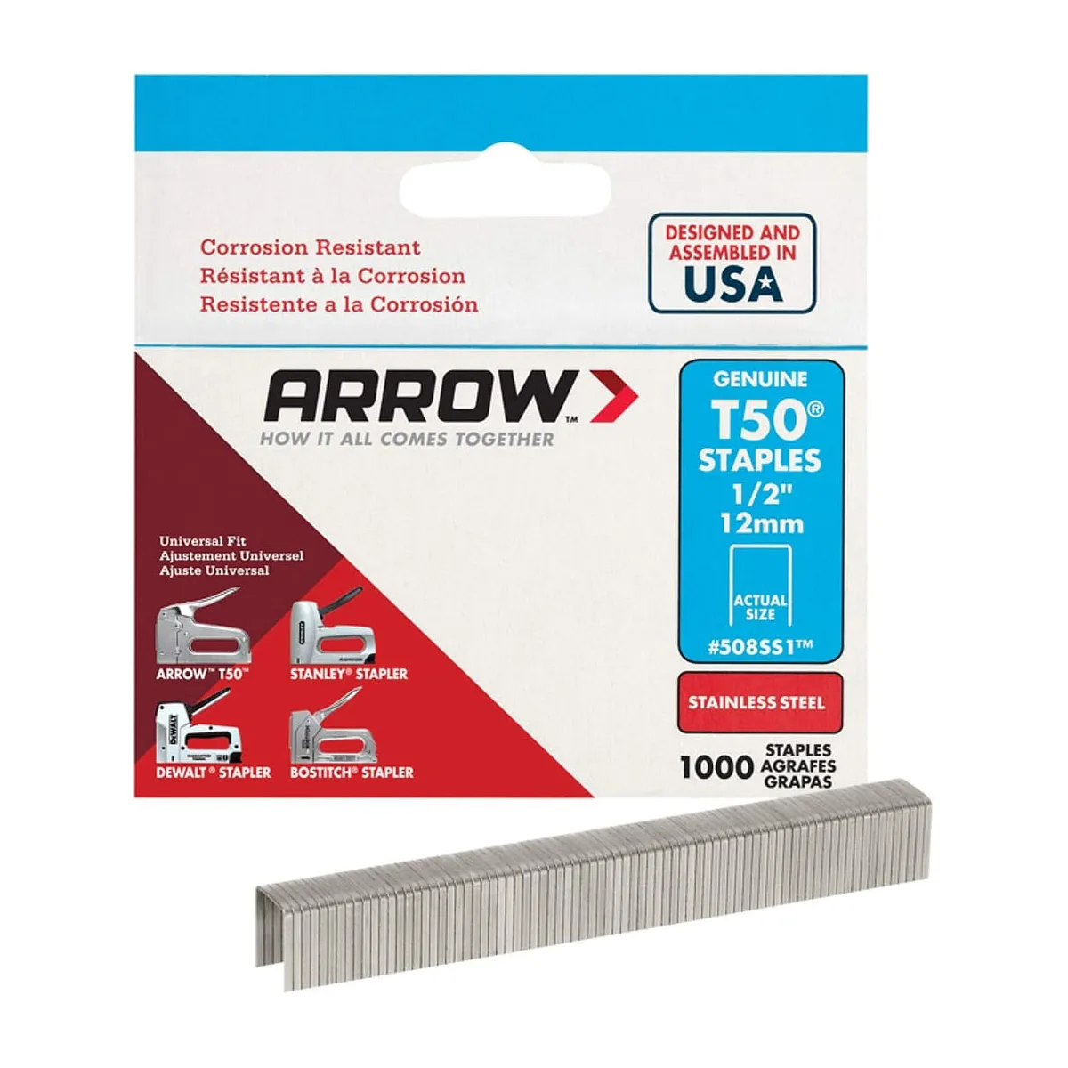 Grapas Arrow T50 de Acero Inoxidable 1/2" x 12 mm #508SS1