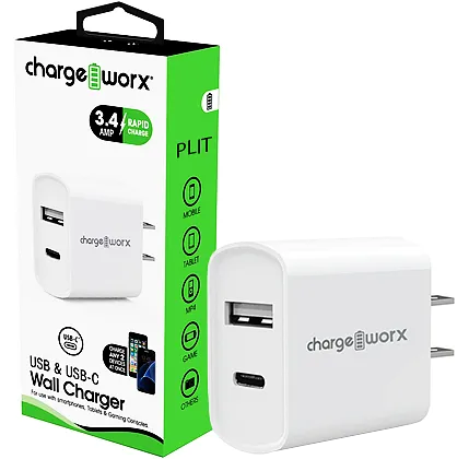 Cargador de Pared Dual USB + USB-C Chargeworx CX2605 para Celulares Iphone iOs, Android y Tablets Ipad, Blanco