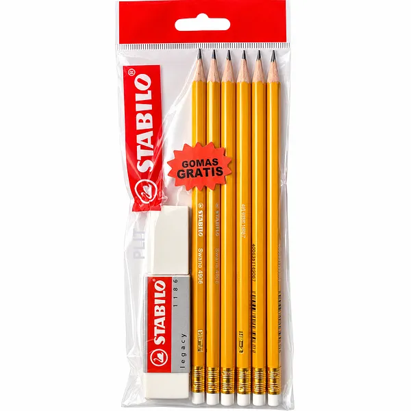 Set de Lápiz de Grafito HB Stabilo Swano 4905 + Goma de Borrar, 6 Lápices