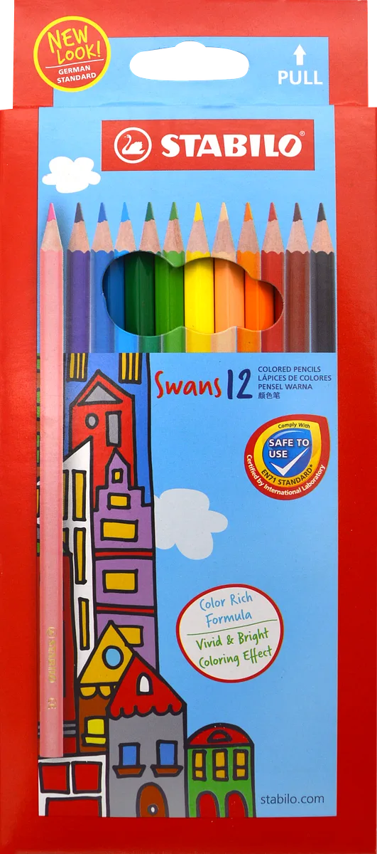 Lápices de Colores Largos para Jóvenes y Adultos STABILO Swans #1877D, 12 Colores