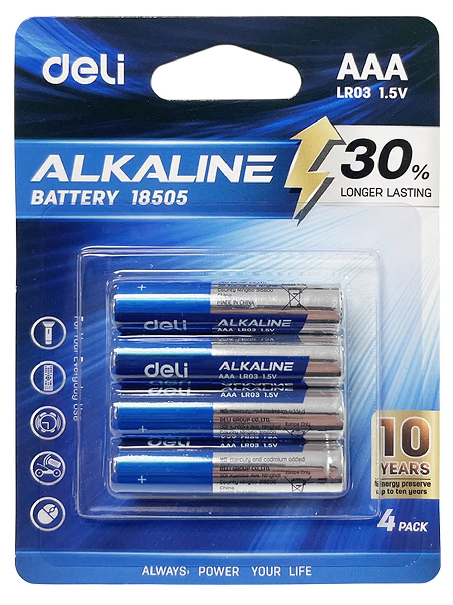 Pila Batería Alcalina AAA 1.5V, 4pcs - Deli LR03