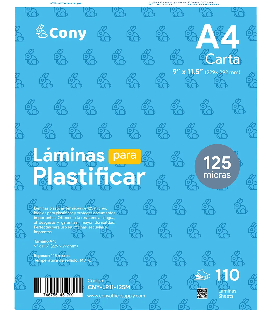 Láminas Plásticas Cony A4, 9” x 11.5” de 125 Micras para Plastificar, 110 pcs