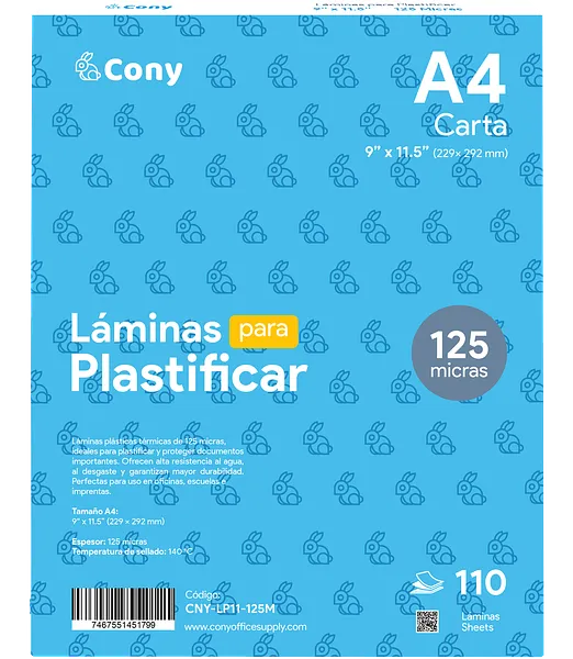 Láminas Plásticas Cony A4, 9” x 11.5” de 125 Micras para Plastificar, 110 pcs