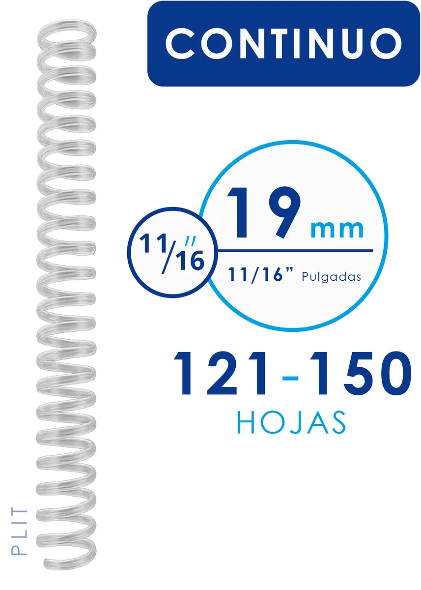Espiral Continuo Plástico Transparente 19 mm para 150 Hojas, 50 pcs