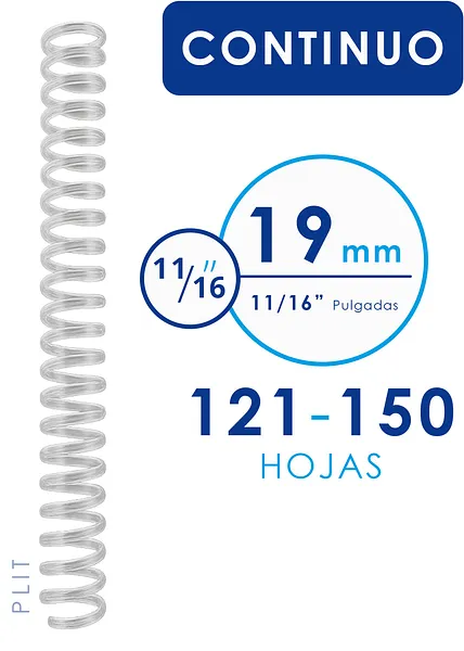 Espiral Continuo Plástico Transparente 19 mm para 150 Hojas, 50 pcs