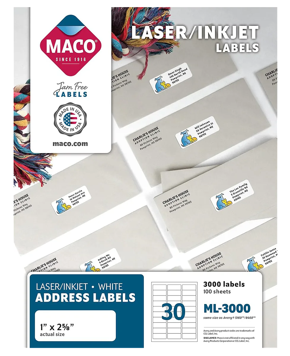 Laminas de Etiqueta 1" x 2 5/8" para Impresión Laser / Inkjet, 3000 Labels - MACO ML-3000