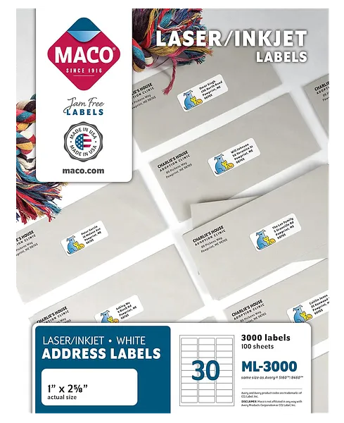 Laminas de Etiqueta 1" x 2 5/8" para Impresión Laser / Inkjet, 3000 Labels - MACO ML-3000