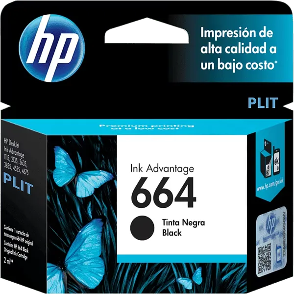 ORIGINAL: Cartucho de Tinta HP 664 (F6V29AL) 2 ml, Negra