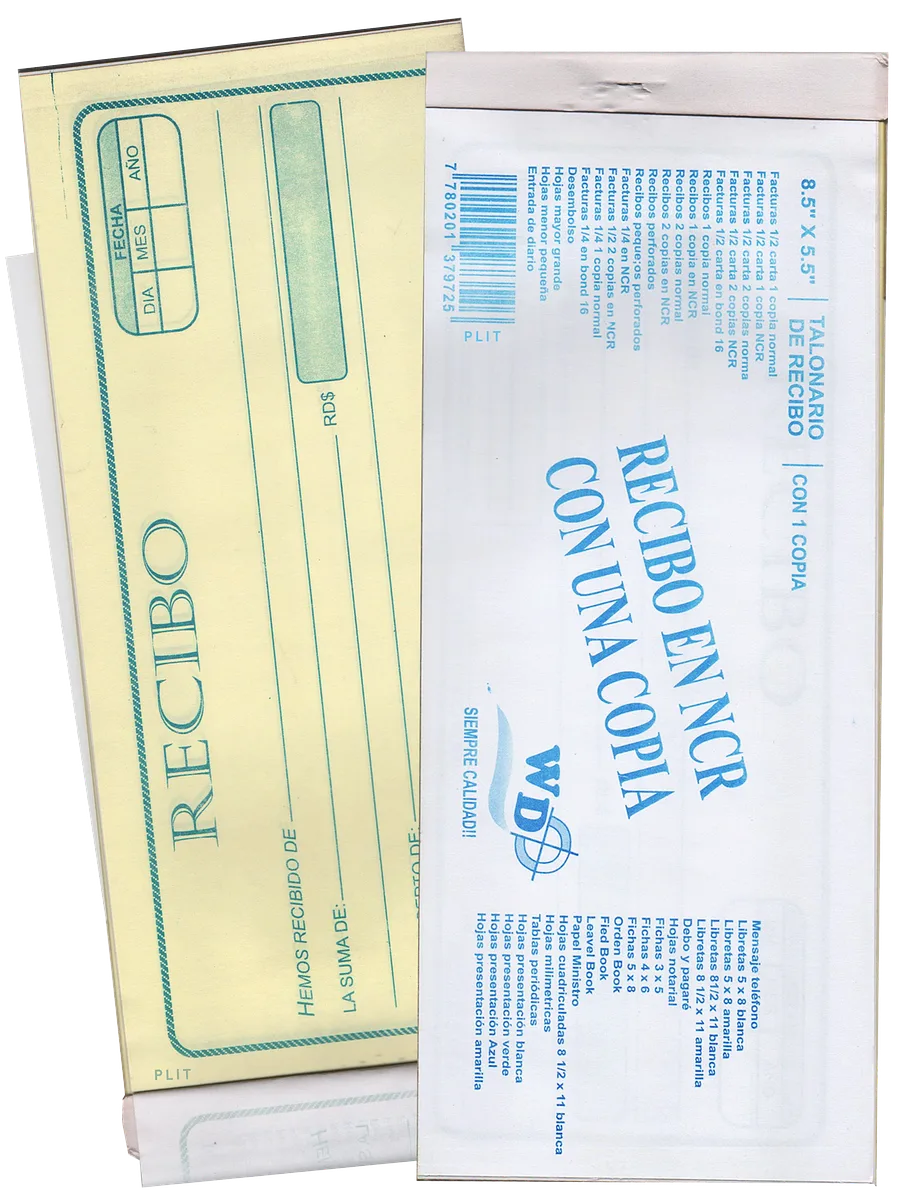 Talonario de Recibo Grande 8.3" x  3.3", CON 1 COPIA NCR