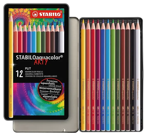 Lápices de Colores Acuarelables STABILO Arty Aquacolor 1612-5 con Estuche Metálico, 12 Colores