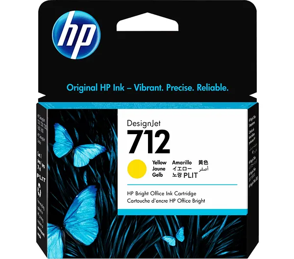 ORIGINAL: Cartucho de Tinta HP 712 (3ED69A) Amarillo para Plotter DesignJet, 29 ml