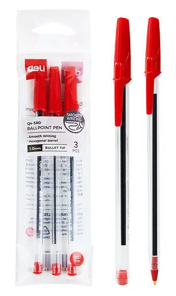 Bolígrafo Deli Q4 BallPoint Pen 1.0 mm Rojo, 3 Unidades