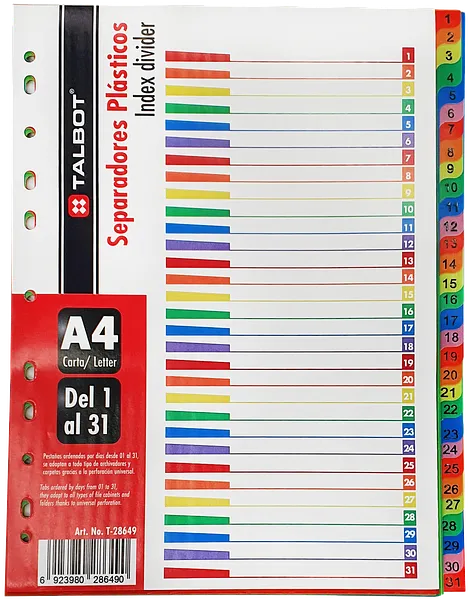 Separador / Divisor Plástico para Carpetas de 31 Pestañas, Colores Surtidos - Talbot T-28649