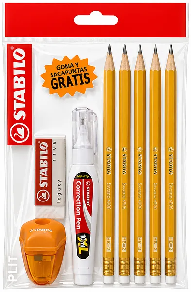 Set Escolar STABILO: Lápices HB2 Swano 4906 + Corrector Líquido + Goma + Sacapuntas, 4 Artículos 