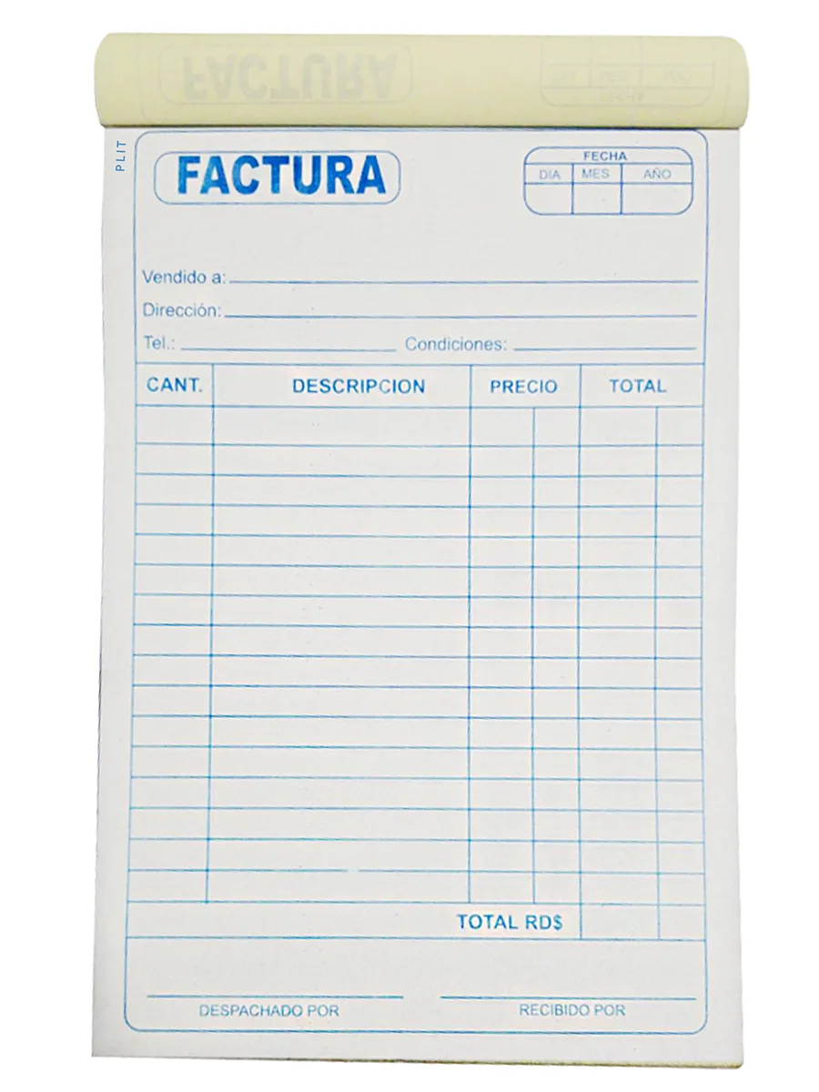 Talonario de Factura Grande  5 ½” x 8 ½”, CON 1 COPIA NCR