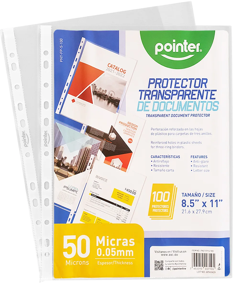 Protector de Hoja Transparente A4 8.5" x11", 50 Micra, 100 pcs - Pointer PNT-FP-5-100