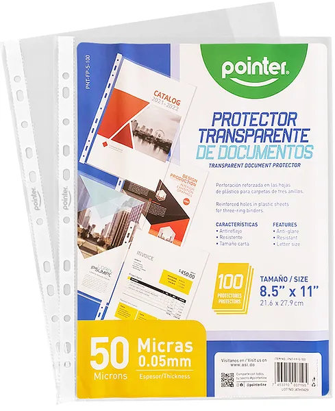 Protector de Hoja Transparente A4 8.5" x11", 50 Micra, 100 pcs - Pointer PNT-FP-5-100