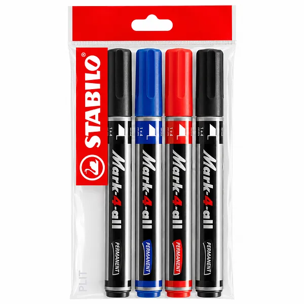 Set de Marcadores Permanentes Stabilo Mark-4-All Punta Cincel/Biselada, 4 pcs