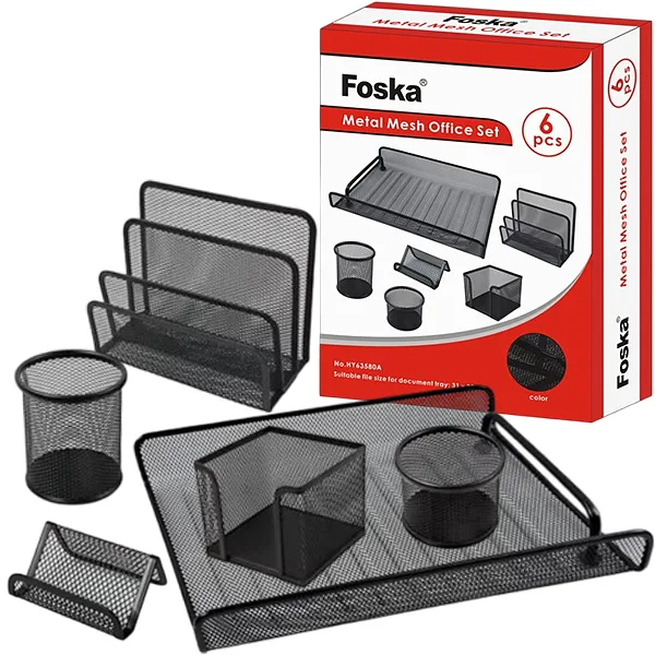 Set Organizador de Escritorio Foska de 6 Piezas en Malla Metálica, Negro