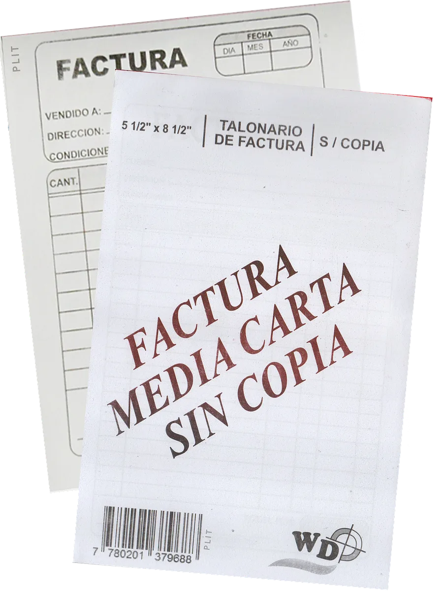 Talonario de Factura Grande 5.5” x 8.5”, SIN COPIA