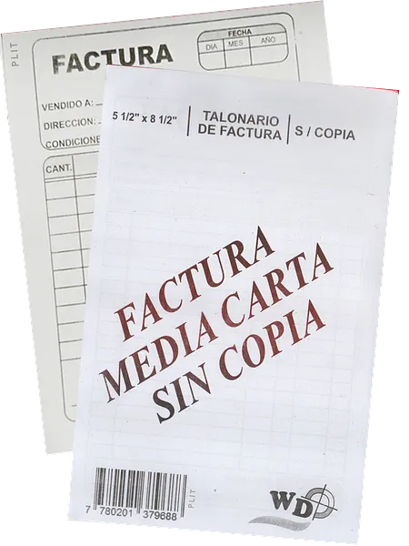 Talonario de Factura Grande 5.5” x 8.5”, SIN COPIA