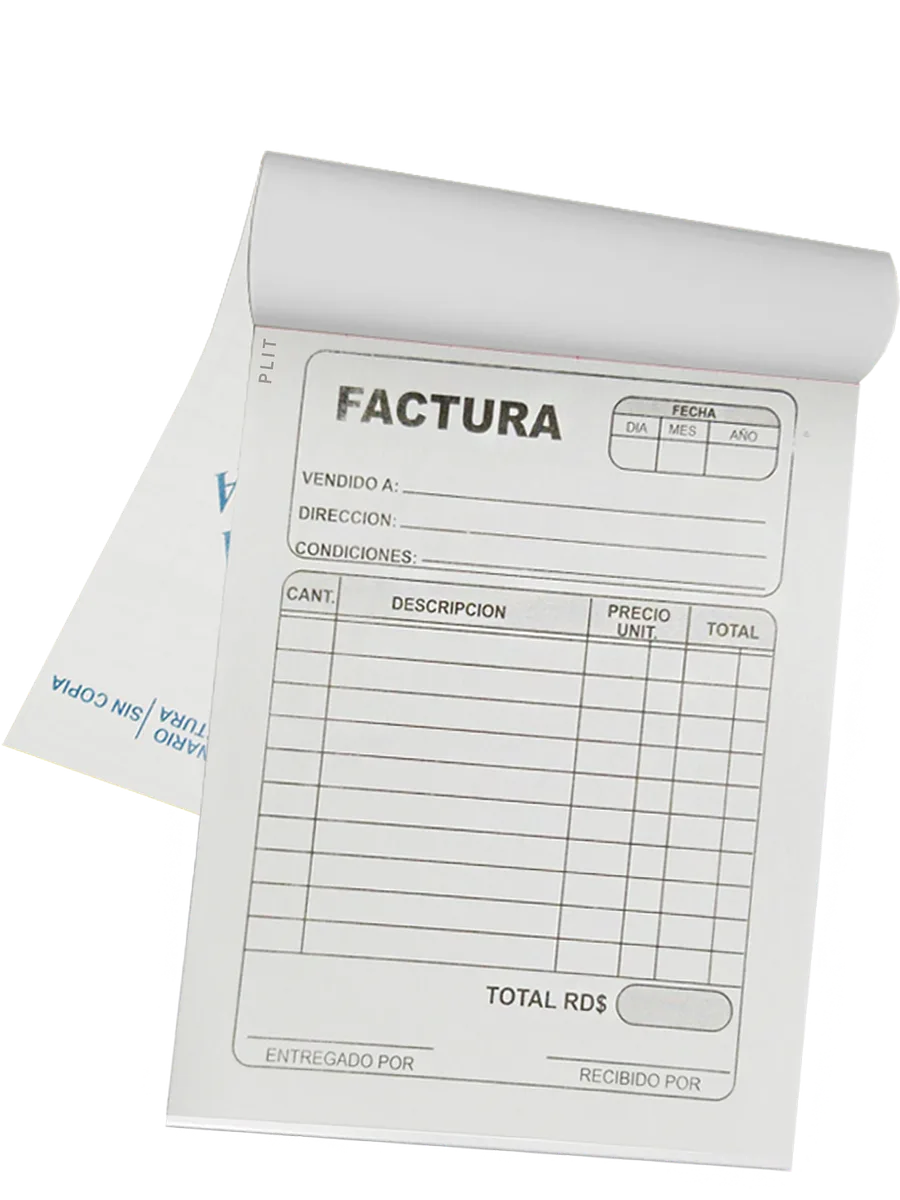 Talonario de Factura Pequeño 4.25” x 5.5”, SIN COPIA