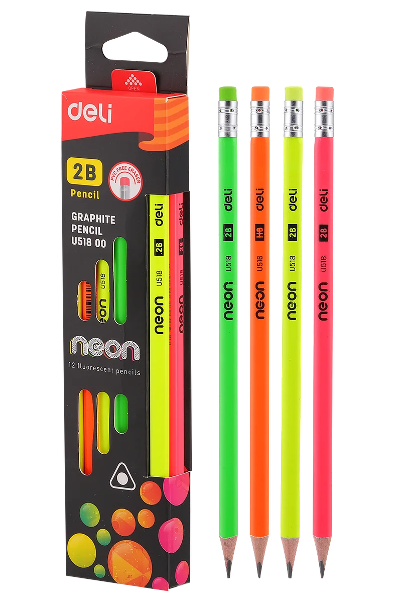 Lápiz de Carbón 2B, Colores Neon, 12pcs - Deli Mate U51800