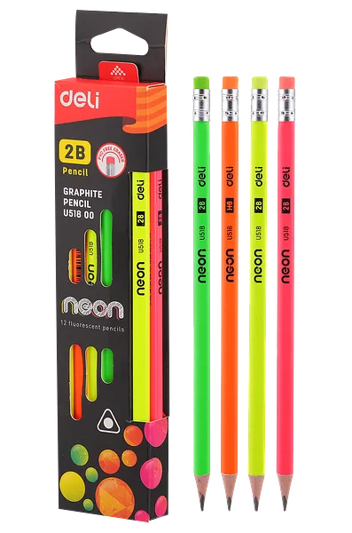 Lápiz de Carbón 2B, Colores Neon, 12pcs - Deli Mate U51800